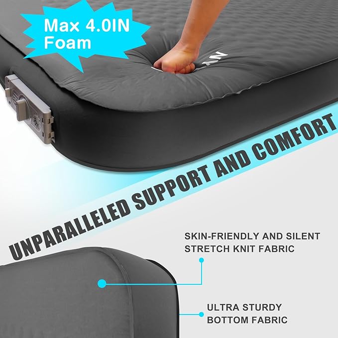 Self Inflating Sleeping Pad with Electric Pump, 4" Thick Ultralight Memory Foam Camping Mattress, Telescopic & Compact, Fast Inflate Insulated Camping Air Mats for Car Travel/Tent/Cot, Grey