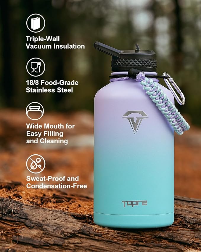 Insulated Water Bottle 64oz,Half Gallon Water Flask Stainless Steel, Cold for 48 Hrs,BPA-Free & Leakproof -with Paracord Handle, Strap,Straw Spout Lids,Large Jug for Gym Sports,Purple Green