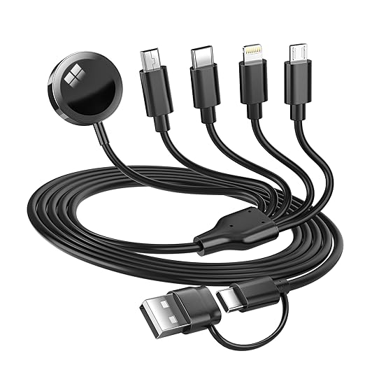 5-in-2 Multi Charging Cable for Apple Watch Charger: USB A/C Input, Lightning/Type C/Micro/Mini B/Wireless Output, Compatible with iPhone 15-13, iWatch 1-9, Galaxy S23-22, 4FT (Black)