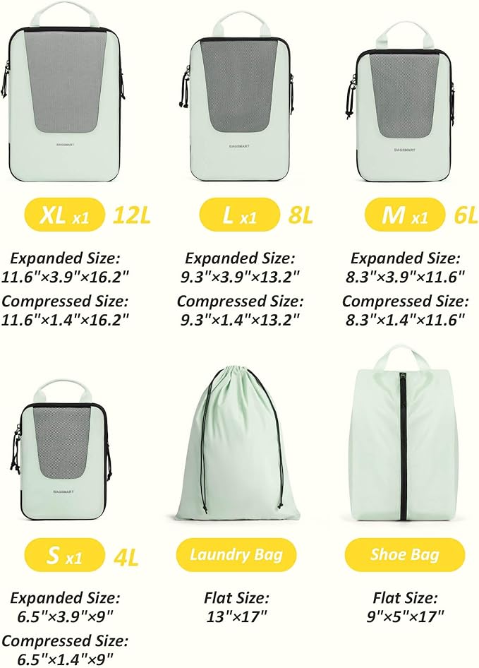 BAGSMART Compression Packing Cubes for Travel, 6 Set/5 Set/4 Set, Compression Suitcase Organizer Bags Set for Suitcases Travel Essentials, Lightweight Packing Organizers