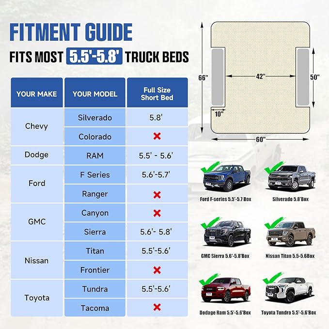 Truck Bed Mattress 5.5-5.8ft: Inflatable Air Mattress for Camping Short Truck Bed 2 Person, Air Pump 2 Pillows, Carry Bag, Khaki