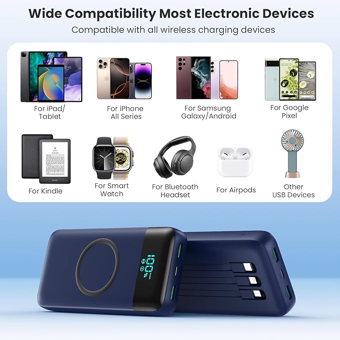 Wireless Portable Charger 40800mAh with 3 Built-in Cables,7-in-1 15W Wireless Charging Power Bank,25W PD QC 4.0 Fast Charging USB C LCD Display Battery Pack for iPhone 16/15/13,Samsung,Android-Blue