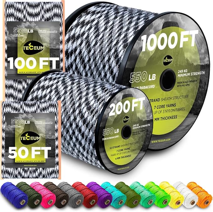 TECEUM 5/32" Paracord Rope 1000 – 1000ft / 200ft / 100ft / 50ft – Tactical Parachute Cord 4mm – 45+ Colors – Nylon String for Survival & Camping Gear – Stripe Cord for Survival – Utility Rope