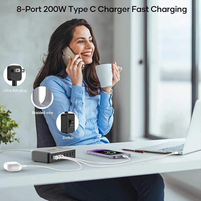 USB C Fast Charger Block 200W, 8 Ports Charging Station for iPhone/Ipad/MacBook, 4C4A GaN Charger Box, Flat Plug Multi Chargers for All Devices 5ft Braided Power Cord with On/Off Switch