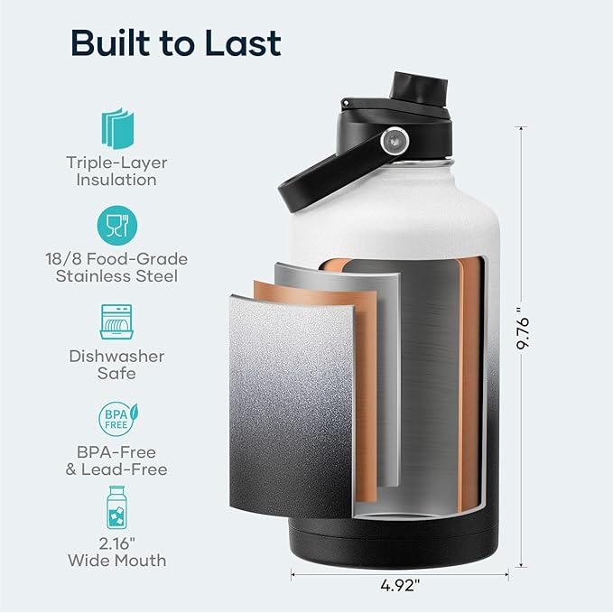 BUZIO 64oz Insulated Water Bottle with Straw Lid and Flex Cap, Stainless Steel Powder-Coat Water Flask, Keep Beverage Cold for 48 Hrs Hot for 24 Hrs Simple Thermo Canteen Mug, White and Black