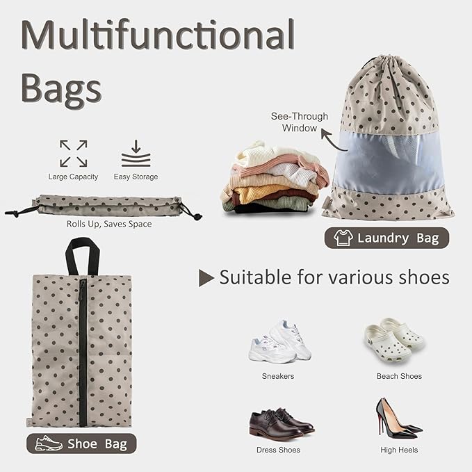 U+U 5 Set Packing Cubes for Travel Essentials Ultralight Luggage Packing Organizers with Laundry Bag and Shoe Bag for Vacation, Business Trip and Camping (Brown Polka Dot)