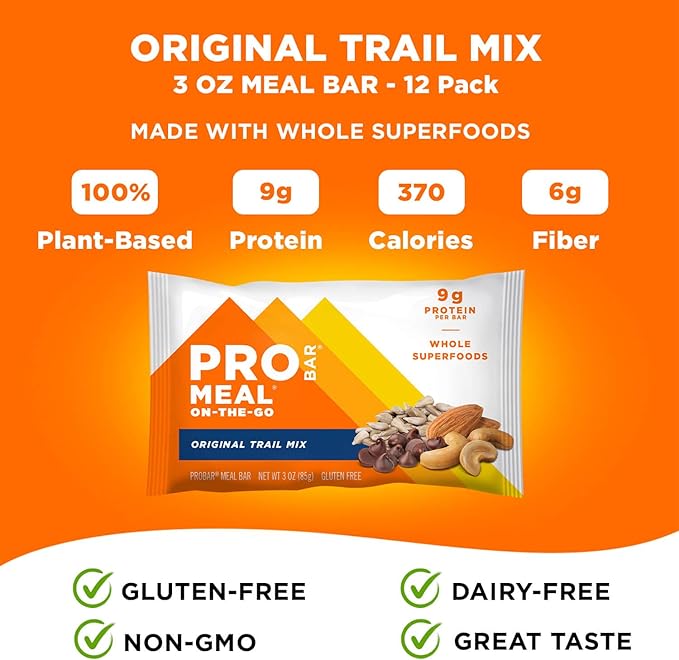 PROBAR - MEAL Bar, Original Trail Mix, Non-GMO, Gluten-Free, Healthy, Plant-Based, Whole-Food Ingredients, Natural Energy (12 Count)