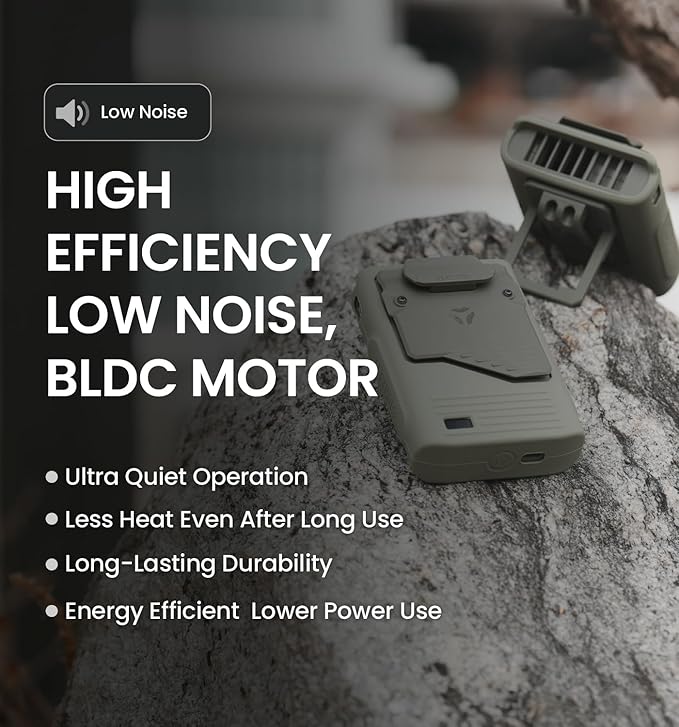 Claymore Clip Fan Khaki – Portable Rechargeable Fan with 5200mAh Battery, 5-Speed Quiet BLDC Motor, Hands-Free Clip Design with Neck Strap, USB-C Charging – Ideal for Camping, Hiking, Outdoor Use
