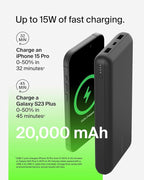 Belkin Portable Charger, USB-C Power Bank 20000 mAh w/ 2 USB-A Ports, 15W w/ Type-A to Type-C Cable - iPhone 17, Air, Pro, Pro Max, AirPods, Apple Watch, Samsung Galaxy S25, Google Pixel 10 - Black