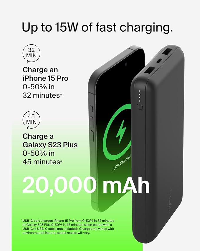 Belkin Portable Charger, USB-C Power Bank 20000 mAh w/ 2 USB-A Ports, 15W w/ Type-A to Type-C Cable - iPhone 17, Air, Pro, Pro Max, AirPods, Apple Watch, Samsung Galaxy S25, Google Pixel 10 - Black