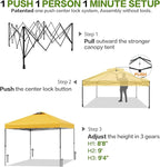 10'x10' Pop Up Canopy Tent with 1 Sidewall and 6 Pockets, One Push Setup, Instant Shade Tent with Vented Roof for Beach Patio Outdoor, Case, 8 Stakes, 4 Ropes, 4 Sandbags (Yellow, 10x10)