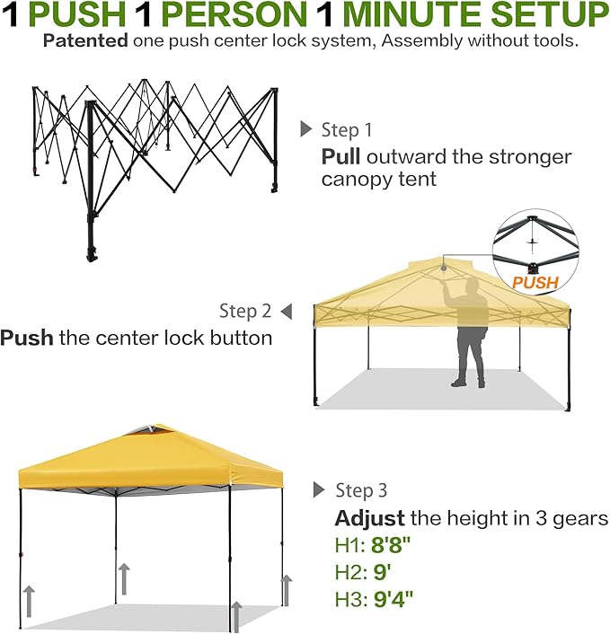 10'x10' Pop Up Canopy Tent with 1 Sidewall and 6 Pockets, One Push Setup, Instant Shade Tent with Vented Roof for Beach Patio Outdoor, Case, 8 Stakes, 4 Ropes, 4 Sandbags (Yellow, 10x10)