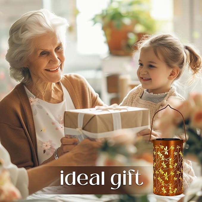 Birthday Gifts for Women,Solar Lanterns Outdoor Hanging Lantern Lights, Dragonfly Hollowed-Out Metal Decor Lantern, Waterproof LED Decorative Garden Light - Delicate Garden Decoration for Patio, Yard