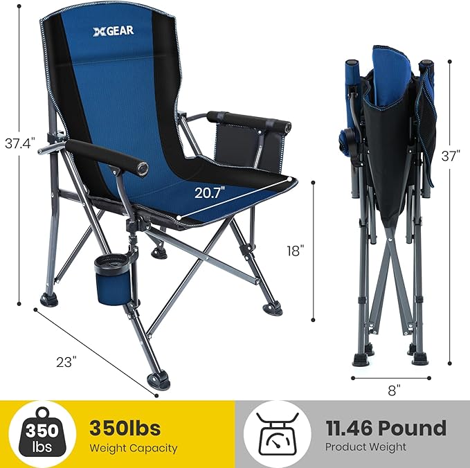 XGEAR Camping Chair with Padded Hard Armrest, Sturdy Folding Camp Chair with Cup Holder, Storage Pockets Carry Bag Included, Support to 400 lbs