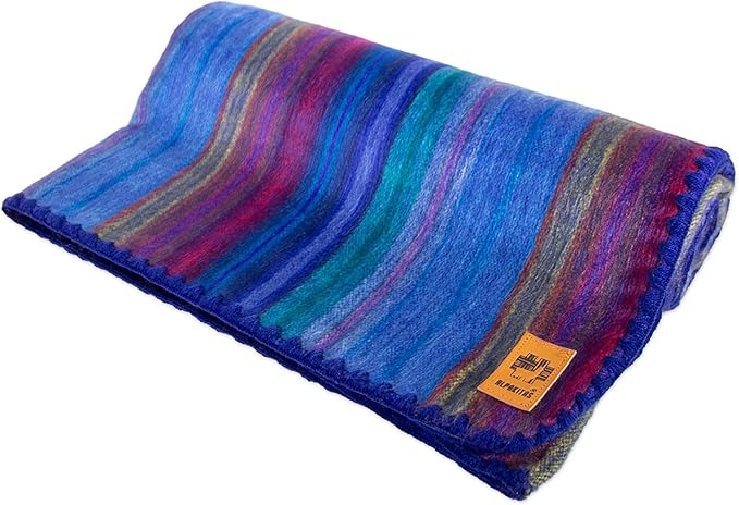 Alpaca Wool Blanket - Twin Size Bed Throw & Warm, Lightweight, Couch or Camp - Outdoor - 75 x 38 Inches (Blue & Purple)