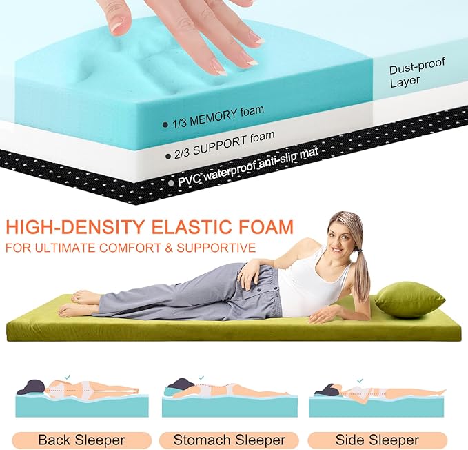 Memory Foam Camping Mattress Sleeping Pad, 3" Thick Waterproof Portable Roll Up Sleeping Mats & Floor Mattress Pad with Pillow + Travel Bag for Camping Car Truck SUV Tent Sleepover Kids Adult