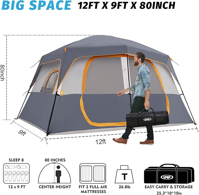 UNP 2/4/6/8 Person Tent, Portable Cabin Tent, Camping Tent 4-Person Easy Set Up, Waterproof with Top Rainfly for Outdoor Camping/Hiking