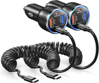 65W Super Fast Type C Car Charger for Samsung Galaxy S26 S25 S24 S23 S22 Ultra, 2Pack 4-Port USB C Car Charger for Samsung A13 A14 A16 A17 A03S A10E S20FE Android Car Adapter+5FT Type C Coiled Cable