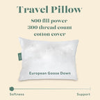 Goose Down Travel Pillow - Filled with 800 Fill Power European Goose Down, Egyptian 300 Thread Count 100% Cotton Cover for Plane car & Home - Made in USA (13" x 18")