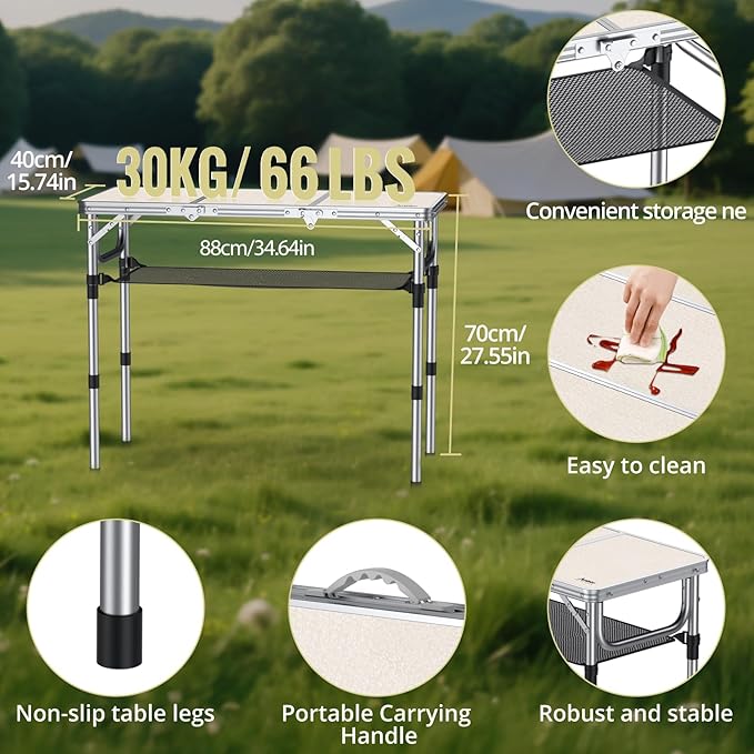 Folding Camping Table with Storage Net, 3ft Camping Table Aluminum Folding Table with 3 Adjustable Height Max 27.1 Inch, Portable, for Outdoor Backyard BBQ, Silver