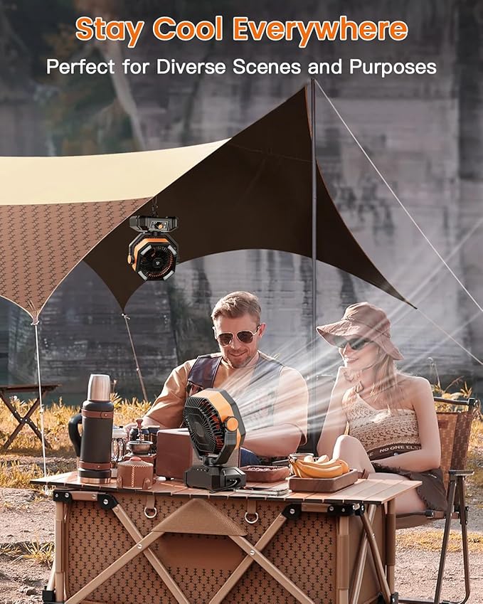 Camping Fan, 20000mAh Battery Powered Fan with LED Lantern, Rechargeable Battery Operated Oscillating with Remote Hook, 8 Speeds Outdoor Fans for Teny, Picnic, Fishing, Travel, Jobsite