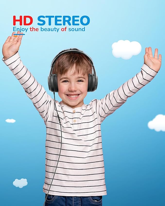 awatrue Kids Headphones for School Travel, 85/94dB Safe Volume Limit, 3.5mm Jack, HD Mic, Portable Wired Headphone with Shareport, Stereo Sound On-Ear Headphones for Toddler Kids Girls Boys Black