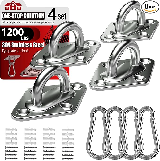 sprookber 304 Stainless Steel Pad Eye Snap Hooks, M8 Heavy Duty Ceiling Hook, 1200 lb Capacity Hammock Swing Hanging kit, Plant Hangers, Marine Hardware Staple Hook Loop with Screws, Set of 8