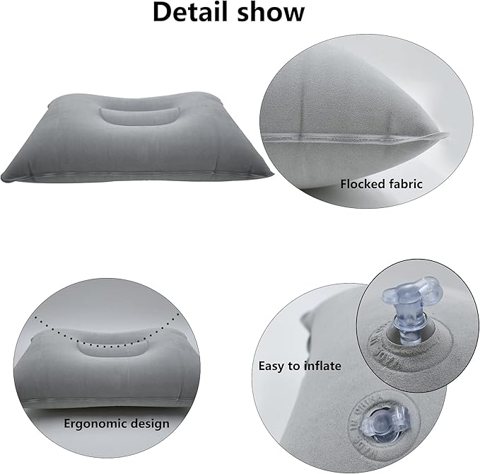 Alovexiong 4 Pack Gray Ultralight Inflatable Pillow Small Squared Flocked Fabric Air Pillow for Beach Hiking,Camping,Traveling,Napping,Desk Rest,Neck &Lumbar Support
