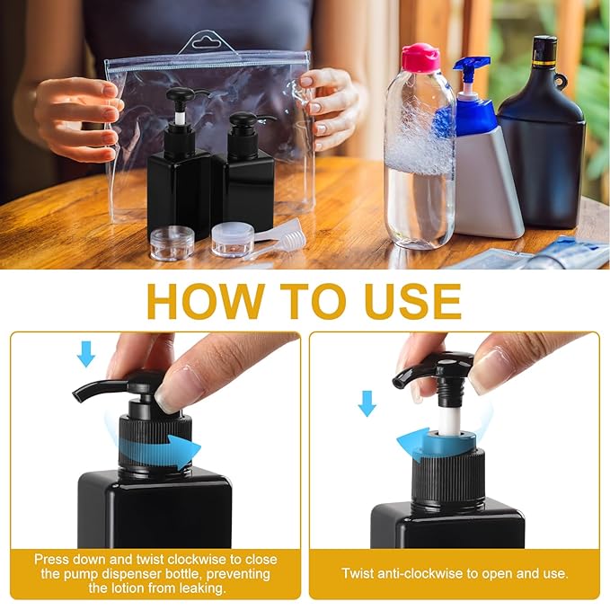 Domensi 12 Pcs 100ml /3.4 oz Pump Bottle Mini Travel Bottles Small Dispenser Containers Plastic Pump Lotion Dispenser Empty Square Travel Size Containers Toiletries (Whole Black)