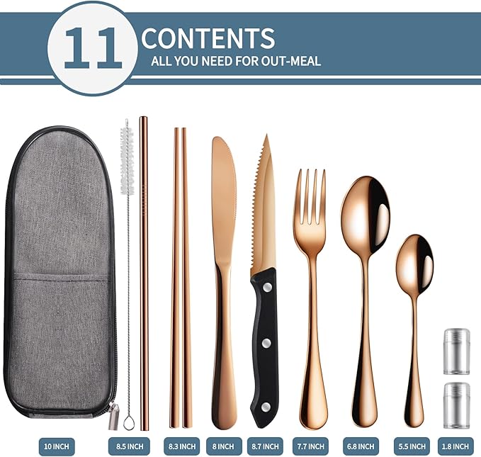 Travel Utensils with Case,Reusable Utensils,Portable Travel Camping Cutlery Set,Stainless Steel Flatware Set,Lunch Boxes Workplace Camping School Picnic (Rose Gold)