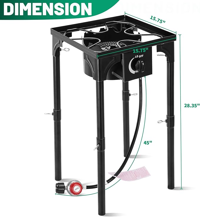 Outdoor Camping Stove, 130000 BTU, Propane Gas Cooker with Detachable Legs, High Pressure Single Burner, 30 PSI Regulator