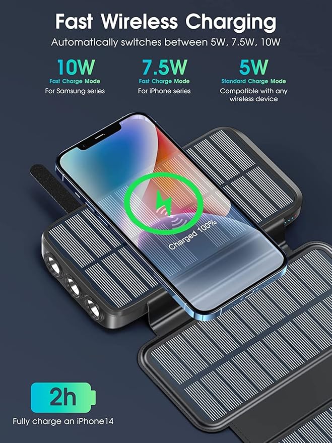 Solar Charger, Power Bank, Portable Charger,43800mAh QC3.0 Fast Charger Qi 10W Wireless Charger 4 Solar Panel Built-in 2 Kinds Output Cable and 680Lumen flashlights
