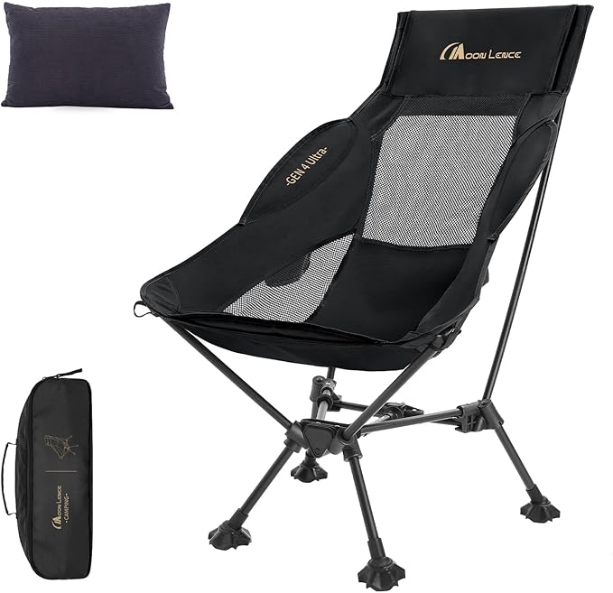 MOON LENCE High Back Camping Chair with Pillow - 330lbs Capacity Folding Portable, Wide Seat & Ergonomic Support for Backpacking Hiking Picnics (Black)