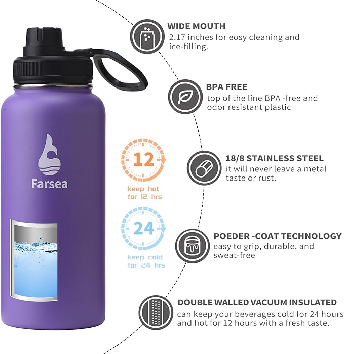 Farsea Insulated Water Bottle With Paracord Handle, Protective Boot and 2 Lids (Straw Lid & Spout Lid), Stainless Steel Water Bottle Wide Mouth, Double Wall Sweat-Proof BPA-Free, 32 oz