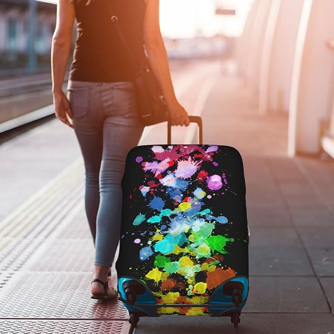 Travel Luggage Cover Suitcase Protector, Colorful Rainbow Paint Splatter Washable Elastic Stretch Anti-scratch Travel Suitcase Sleeve with Concealed Zipper for Wheeled Suitcase Fits 22-24 Inch Luggage