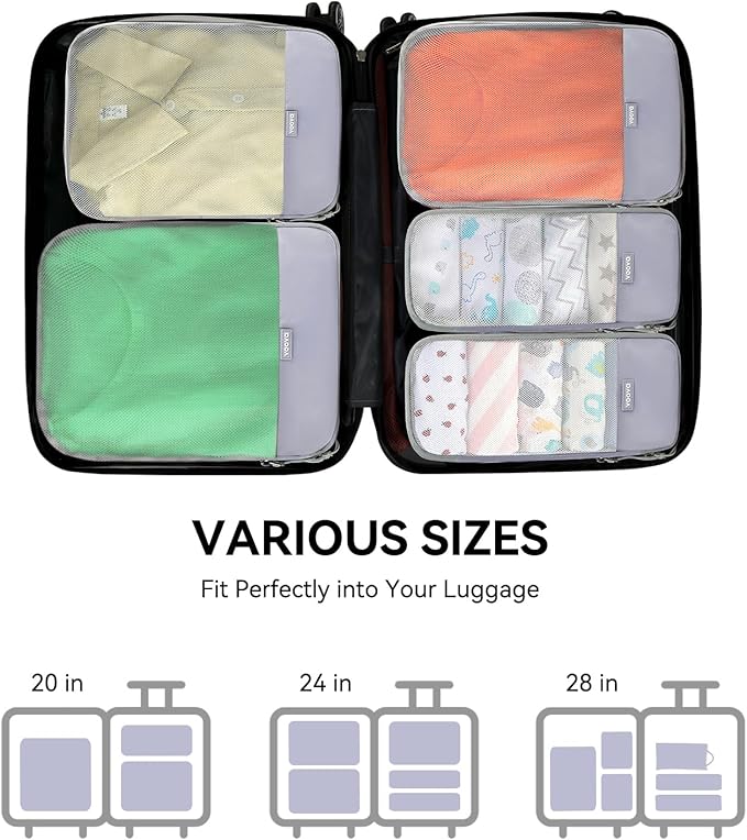 Voova 6 Set Compression Packing Cubes, Travel Accessories Expandable Packing Organizer Bags Set for Carry on Suitcase, Durable Luggage Packing Cubes for Travel Essentials,Grey