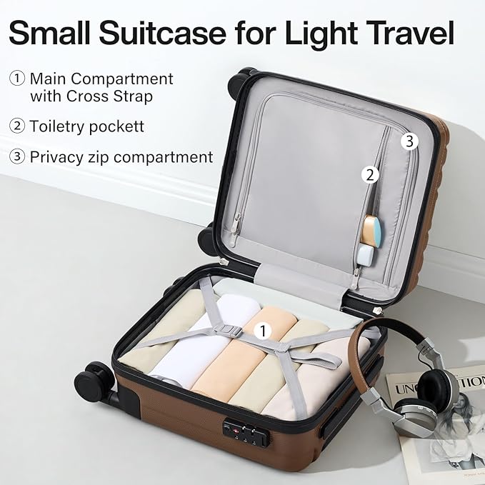 Hanke 14 Inch Underseat Carry On Luggage with Wheels Hard Shell Suitcases Lightweight Small Luggage for Weekender Mini Suitcase Carry On Bag Travel Luggage for Travel Rolling Suitcase.(Brown)