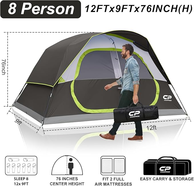 CAMPROS CP Tent 8 Person Camping Tents, Waterproof Windproof Family Tent with Top Rainfly, Large Mesh Windows, Double Layer, Easy Set Up, Portable with Carry Bag, for All Seasons
