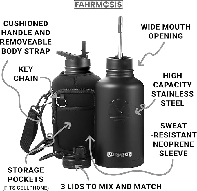 64 Oz Insulated Water Bottle with Strap Stainless Steel Sports Water Bottle with 3 Lids (Straw, Chug and Flip Lid) Leak Proof Metal Half Gallon Jug for Men & Women - Black