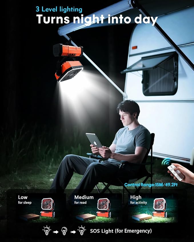 Camping Fan with Bluetooth Speaker Portable Fan,20000mAh Rechargeable Battery Powered Fans, 360° Hanging Hook for Outdoor Picnic Tent Beach Travel Barbecue, Orange