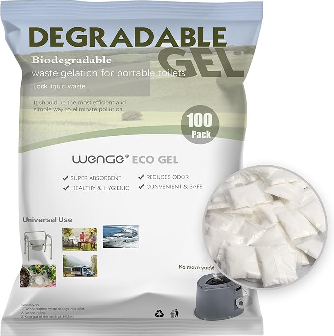 Wenge Poo Gel for Portable Toilet for Camping - 100 Pack Urine Super Absorbent, Solidifier, Liquid Waste Gelling and Deodorizing Powder, Eco Gel for Portable Toilet for Emergency Toilet Essentials