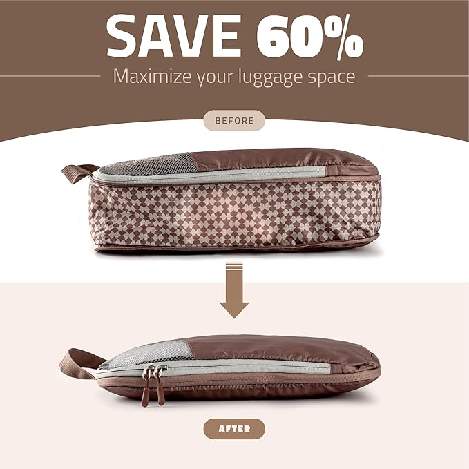 Oriday Set of 8 compression packing cubes for travel accessories- Expandable bags for clothing, toiletry, backpacks, organizing essentials (Beige)