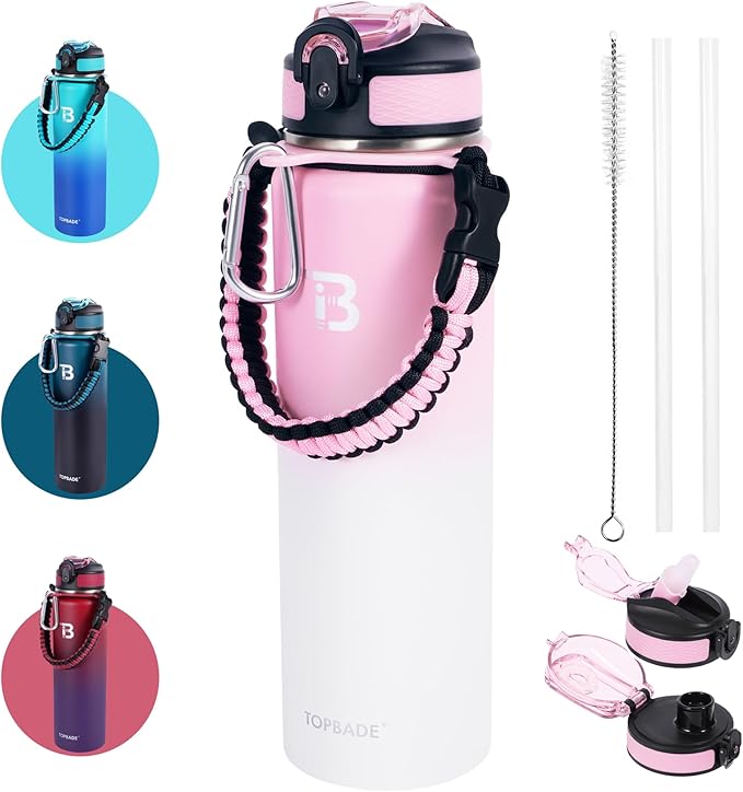 32oz Insulated Water Bottle with Straw Lid & Spout Lid & Paracord Handle, Stainless Steel Water Bottle Wide Mouth, Double Wall for Women Men Gym Fitness Outdoor