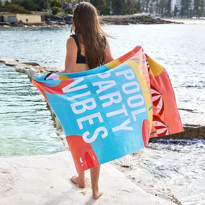 Dock & Bay Beach Towel - Quick Dry, Sand Free - Compact, Lightweight - 100% Recycled - Includes Bag - Pool Party Vibes - Large (160x90cm, 63x35)