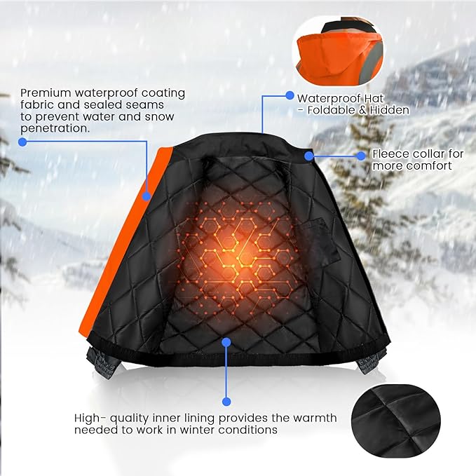 Reflective Jackets, Safety Jacket with Pockets for Men& Women, Construction Coats for Cold Weather, Waterproof High Vis Rain Gear, Class 3, Orange-Black, S