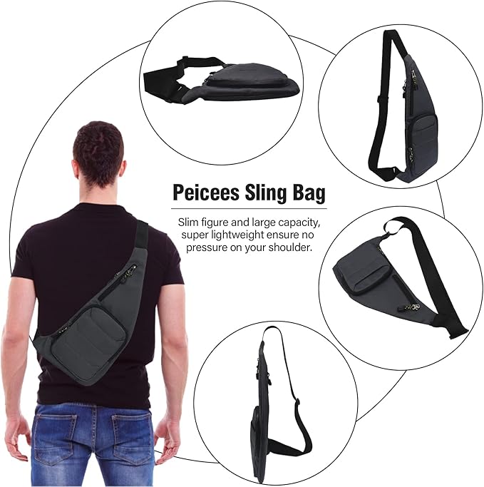 Peicees Sling Bag for Men Women Shoulder Bag Backpack Strap Pockets Chest Bag for Running Hiking Camping Exercise Outdoor