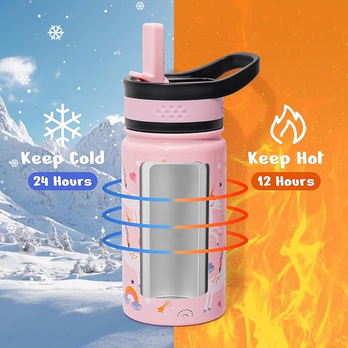 BUZIO 14oz Kids Water Bottle with Straw Lid, Insulated Toddler Water Bottle for School Stainless Steel Thermo Cup for Girls Boys Reusable Leak Proof Bpa-Free Double Walled Flask, Pink Unicorn