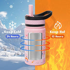BUZIO 14oz Kids Water Bottle with Straw Lid, Insulated Toddler Water Bottle for School Stainless Steel Thermo Cup for Girls Boys Reusable Leak Proof Bpa-Free Double Walled Flask, Pink Unicorn