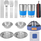 Outdoor Camping Mess Kit - 1 to 2 persons Camping Dishes Includes Cups, Bowls, Dishes, Knives, Forks, Spoons, Etc, Camping Dinnerware Set with Mesh Bag is Easy to Carry Camping Tableware Set
