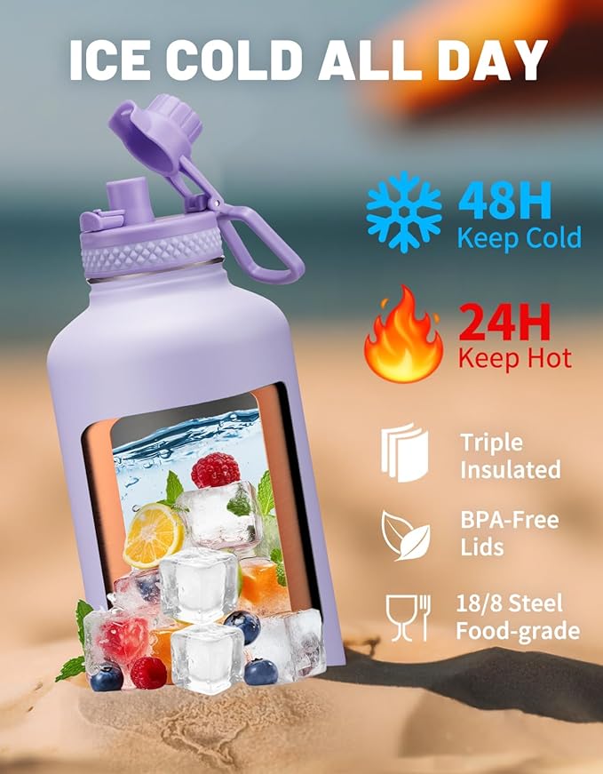 Half Gallon Water Bottle Insulated - 64 oz Water Bottle with Carrying Sleeve, Paracord Handle, Straw Spout Lid, Leak-proof Metal Hydro Water Jug for Workout Sport Hiking Gym, Purple Big Flask Thermo